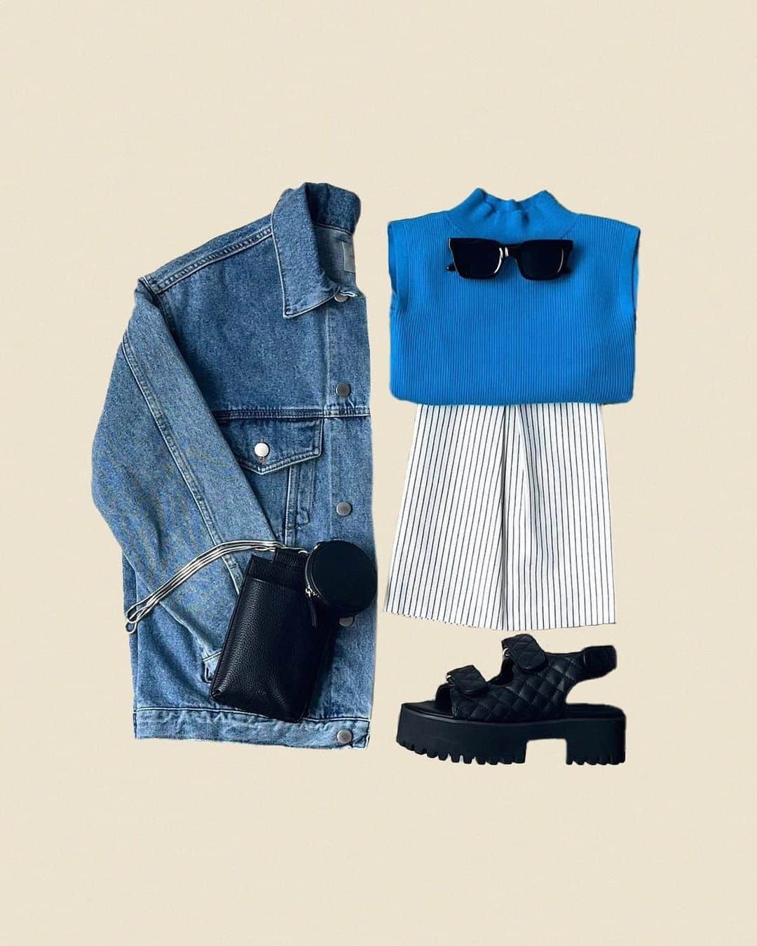 AMAILのインスタグラム：「#outfit  ✔︎ Standard sunglasses ✔︎ Box denim Jacket ✔︎ Fashionable cut out tops ✔︎ Marin mini skirt ✔︎ Candy pomp bag ✔︎ ︎Tank sole up sandal  #AMAIL #アマイル #ワントーンコーデ」