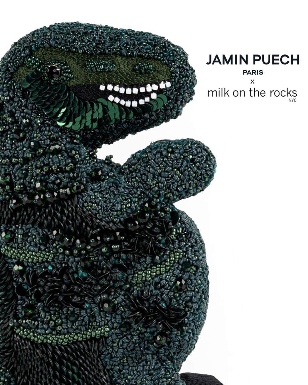 ジャマンピュエッシュのインスタグラム：「Jamin Puech unveils its first collaboration with Milk on the Rocks, a kids' brand that emphasizes graphic designs and humor - the values we share!  This little dinosaur-shaped bejeweled bag is entirely hand-embroidered with glass beads and colorful sequins.  @milkontherocksnyc  #jaminpuech #milkontherocksnyc #xraydino #dinosaurbag #embroideredbag」