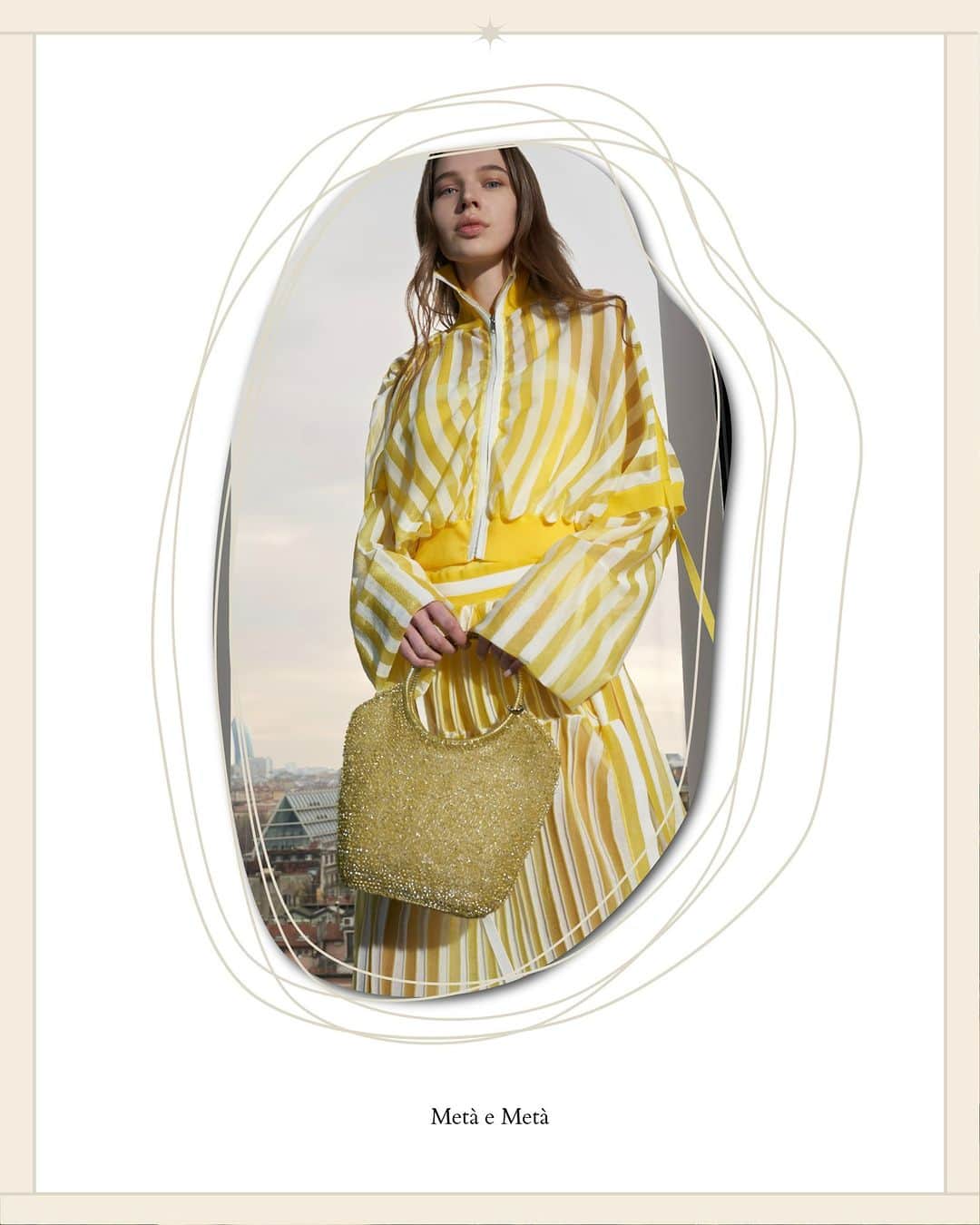 のインスタグラム：「Knitted in monochrome vertical stripe with wavy linking to interpret the concept of Line Distortion. This Giallo #MetàEMetà set is an impeccable interpretation for this #SS23. To further complete this set, this vibrant STANDARD in matching Giallogento shade is no wonder the perfect embellishment.   Shop the SS23 Collection now.  #ANTEPRIMA30 #SpringSummer2023 #SS23 #ANTEPRIMA #WIREBAG #MilanStyle #Milan #MilanFashion #Miniature #MicroBag #MiniBag #CraftBag #CrochetBag #Handcraft #KnitBag #WorkBag #ItalianDesign #Craftmanship #アンテプリマ」