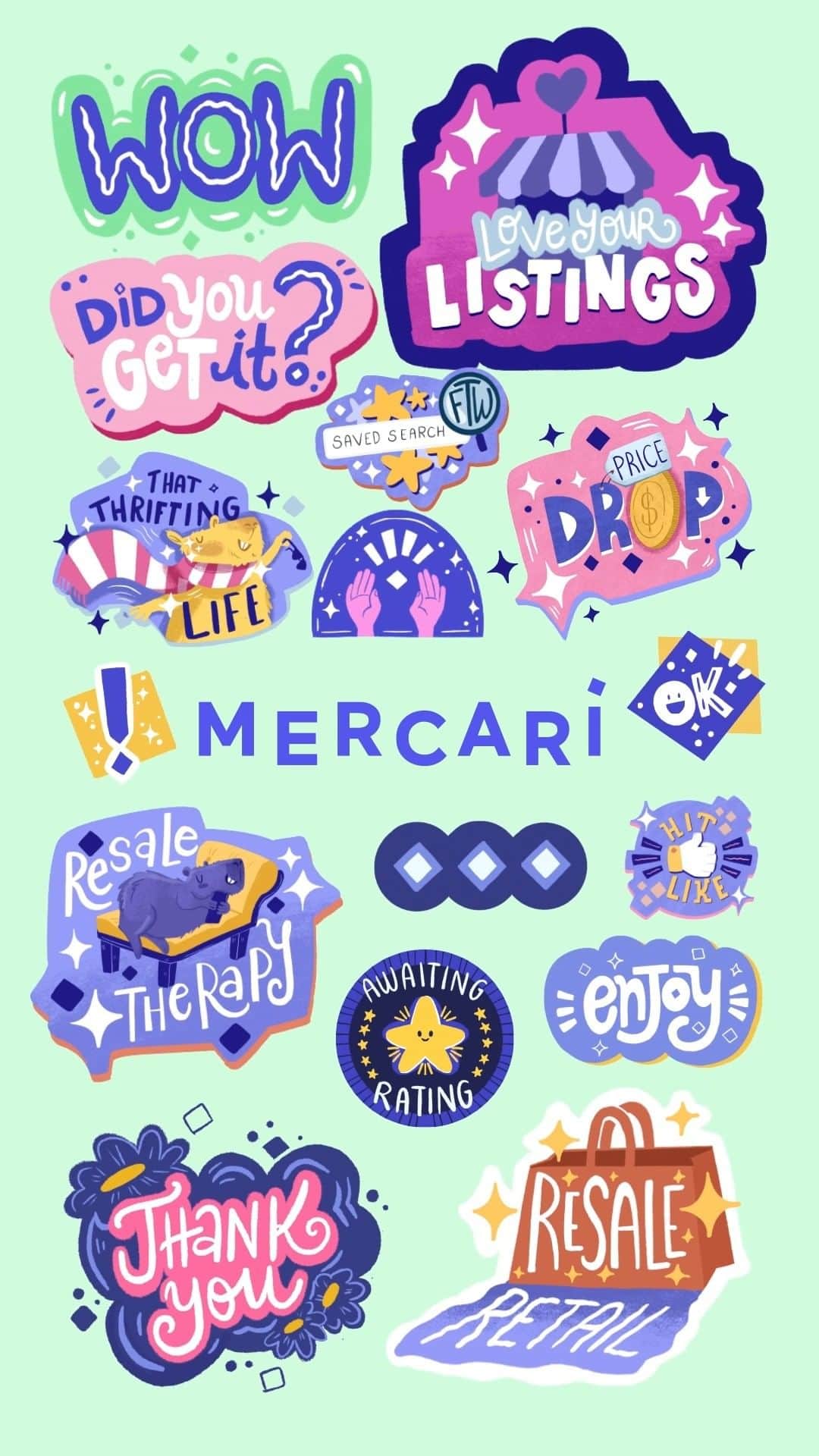Mercariのインスタグラム：「Chatting with shoppers and sellers just got faster and more fun! Your new stickers (created by the wonderful artists @carolrempto and @lorenagiostri) are available in messaging, today.」