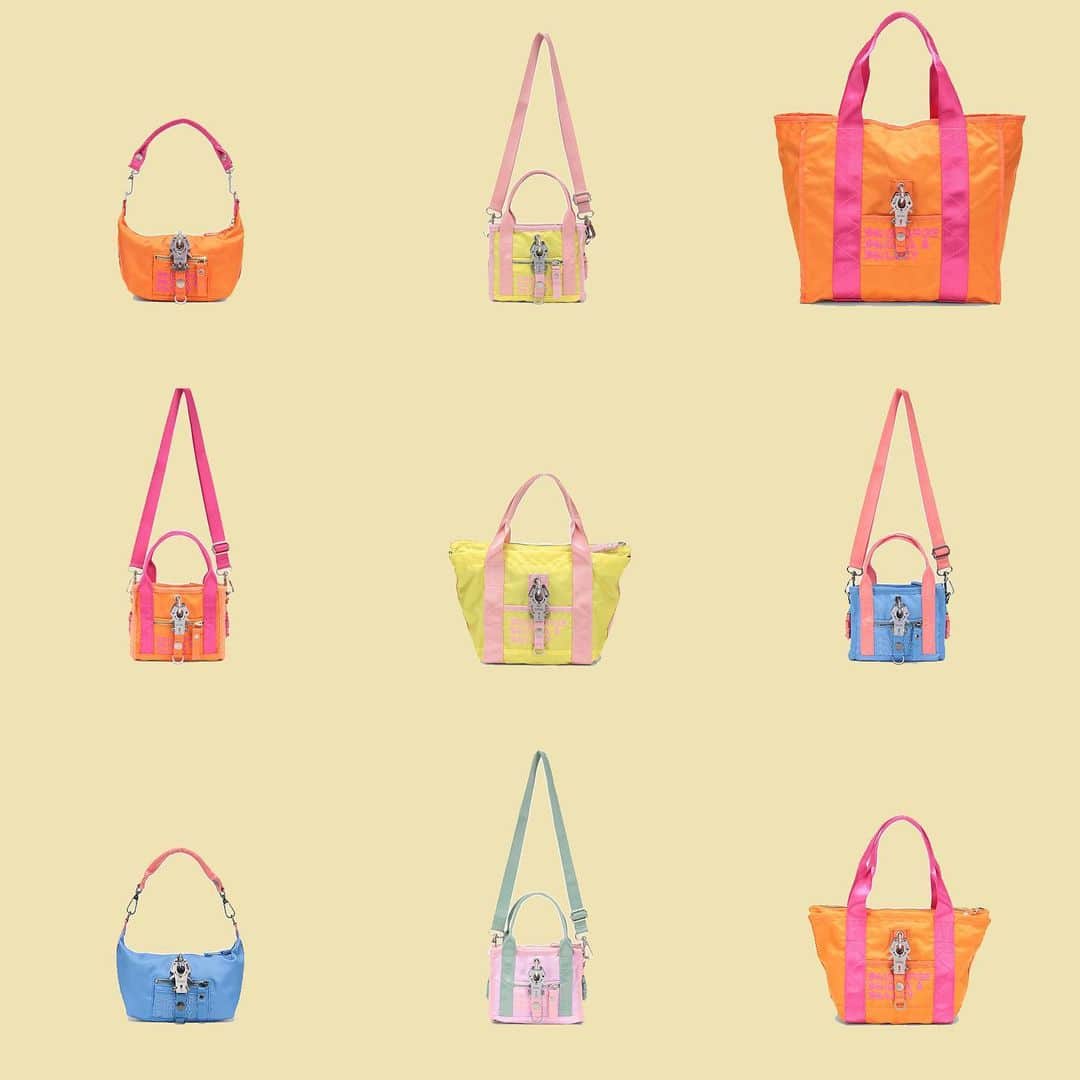 ジョージジーナ&ルーシーのインスタグラム：「LIPSTICK & CONDOMS in cosmic carrot SWEETS in pinkachu MI LA NO in cosmic carrot SWEETS in cosmic carrot YV1 in pinkachu SWEETS in baboonda blue LIPSTICK & CONDOMS in baboonda blue  SWEETS in pinker bell YV1 cosmic carrot  #georgeginalucy #ggl #colorisbag」