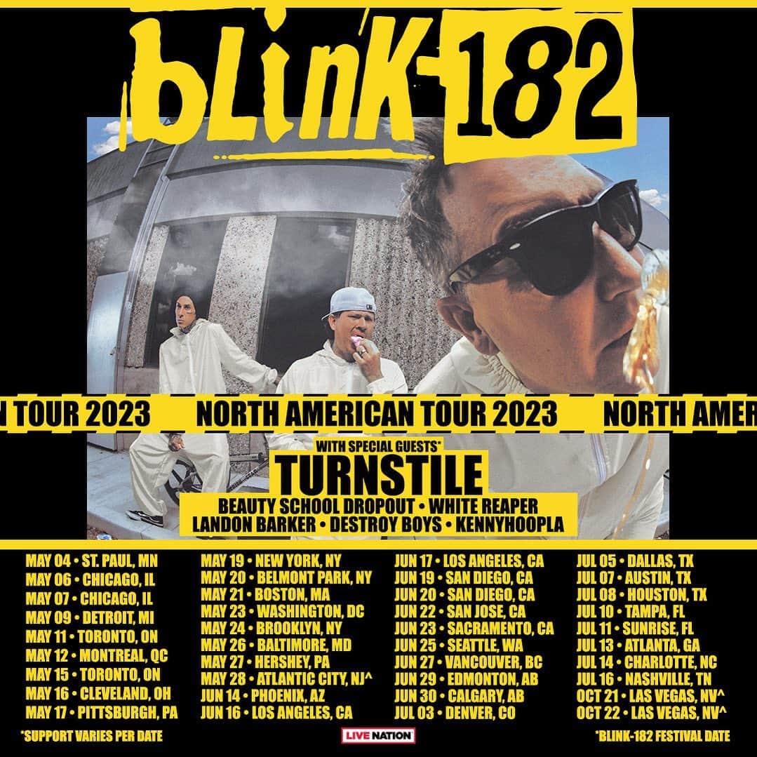 blink-182のインスタグラム：「🚨 Tour Update 🚨  A limited amount of tickets have just been released for some of our NA and EU dates. Grab them over at blink182.com!  We are also excited to welcome Beauty School Dropout, Destroy Boys, KennyHoopla, Landon Barker, and White Reaper on select dates of our North America tour. See you soon!」