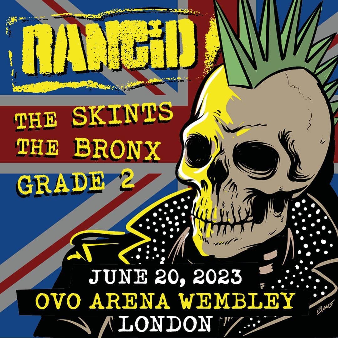 Rancidのインスタグラム：「Due to recent events at O2 Academy Brixton, our London show on June 20th 2023 has moved to OVO Wembley Arena on the same date. To make this special night more memorable, we have asked London’s very own The Skints to join us along-side The Bronx and Grade 2.  All bookings will be valid for the rescheduled date. Please note – you will be issued with new tickets for OVO Arena Wembley which will be sent out in due course. Tickets are now available at the link in our bio.  See ya in the pit London!」