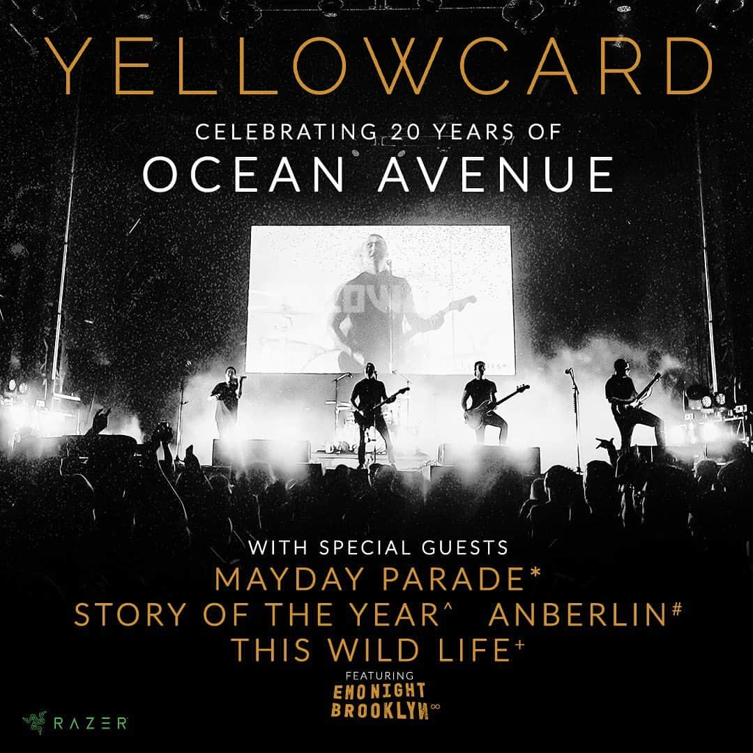 Yellowcardのインスタグラム：「Are you ready to scream your lungs out with us this summer?! Our Celebrating 20 Years of Ocean Avenue 2023 tour with Mayday Parade, Story of the Year, Anberlin and This Wild Life is brought to you by Razer! All dates on sale now. Slide through to see available show dates and VIP package details. ⬅️ . . . . . . @razer @vipnation @williamryankey @smackinyc @joshportman @ryanmichaelmendez  . #yellowcardband #yellowcard #poppunk #emo #oceanavenue #storyoftheyear #maydayparade #thiswildlife #anberlin」