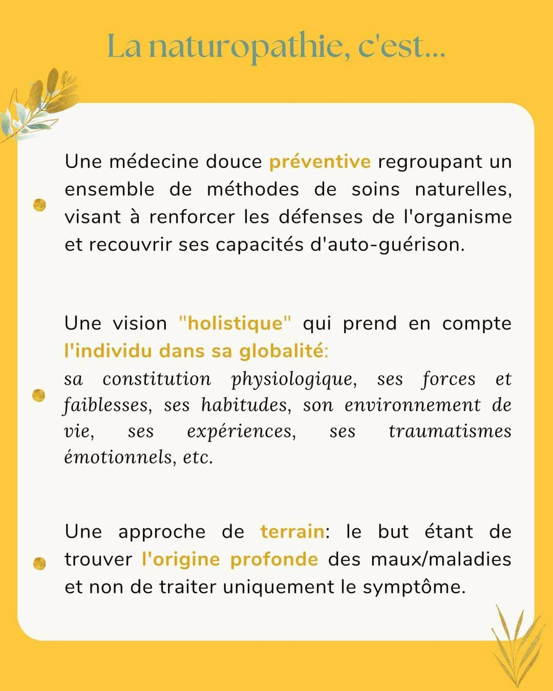 マチルド・ベセーラさんのインスタグラム写真 - (マチルド・ベセーラInstagram)「Avant de rentrer dans le vif du sujet, je vous partage quelques bases sur la naturopathie 🌿  ➡️ Le.a naturopathe est avant tout un.e 𝗲𝗱𝘂𝗰𝗮𝘁𝗲𝘂𝗿.𝗿𝗶𝗰𝗲 𝗱𝗲 𝘀𝗮𝗻𝘁𝗲: il.elle explique le fonctionnement de corps et comment ce dernier se régénère ⚡️  ➡️ Afin d'aider le corps dans son processus naturel d'élimination, le.la naturopathe s'appuie sur 𝟭𝟬 𝘁𝗲𝗰𝗵𝗻𝗶𝗾𝘂𝗲𝘀 𝗻𝗮𝘁𝘂𝗿𝗲𝗹𝗹𝗲𝘀, dont 3 majeures: l'alimentation, la gestion des émotions et l'activité physique.  ➡️ C'est en questionnant son consultant.e sur son contexte de vie global que le.la naturopathe pourra lui proposer un programme complètement personnalisé et adapté à sa situation 🙌🏻  ➡️ Le.la naturopathe reste disponible et à l'écoute afin 𝗱'𝗮𝗰𝗰𝗼𝗺𝗽𝗮𝗴𝗻𝗲𝗿 son consultant.e au mieux dans sa transition !   ➡️ As tu des questions ?? 😉  #naturopathie #naturopathe #educateurdesante #santenaturelle #hygienedevie #lifestyle #modedevie #healthylife #happylife #equilibre #harmonie」4月18日 2時33分 - mathildebecerra