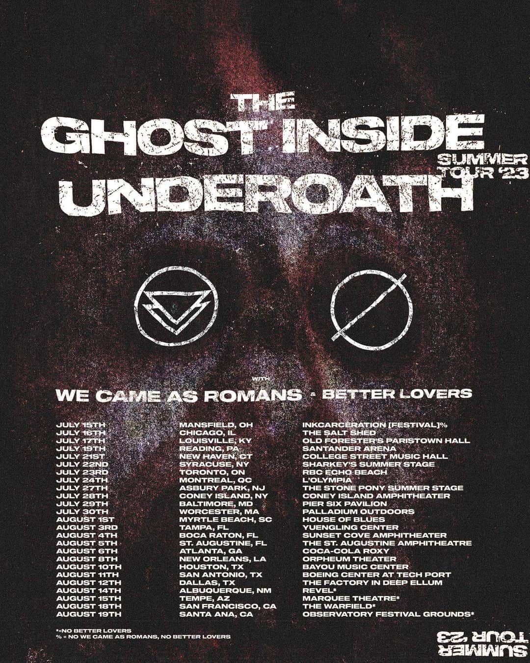 We Came as Romansのインスタグラム：「See you all this summer with @theghostinside, @underoathband and @betterloversband! 🔥 Grab your tickets at iamdarkbloom.com  Grab presale & VIP now*  *TGI PASSWORD: OUTCAST *UO PASSWORD: LETGO  7/16: Chicago, IL // @ The Salt Shed 7/17: Louisville, KY // @ Old Forester's Paristown Hall 7/19: Reading, PA // @ Santander Arena 7/21: New Haven, CT // @ College Street Music Hall 7/22: Liverpool, NY // @ Sharkey's 7/23: Toronto, ON // @ RBC Echo Beach 7/24: Montreal, QC // @ L'Olympia  7/27: Asbury Park, NJ // @ Stone Pony Summer Stage 7/28: Brooklyn, NY // @ Coney Island Amphitheater 7/29: Baltimore, MD // @ Pier Six Pavilion 7/30: Worcester, MA // @ The Palladium Outdoors 8/1: Myrtle Beach, SC // @ House of Blues 8/3: Tampa, FL // @ Yuengling Center 8/4: Boca Raton, FL // @ Sunset Cove Amphitheater 8/5: St. Augustine, FL // @ St. Augustine Amphitheater 8/6: Atlanta, GA // @ Coca Cola Roxy 8/8: New Orleans, LA // @ Orpheum Theater 8/10: Houston, TX // @ Bayou Music Center 8/11: San Antonio, TX // @ Boeing Center at Tech Port 8/12: Dallas, TX // @ The Factory in Deep Ellum 8/14: Albuquerque, NM // @ Revel 8/15: Tempe, AZ // @ The Marquee 8/18: San Francisco, CA // @ The Warfield 8/19: Santa Ana, CA // @ Observatory Festival Grounds  -- #wecameasromans #underoath #theghostinside #metalcore」