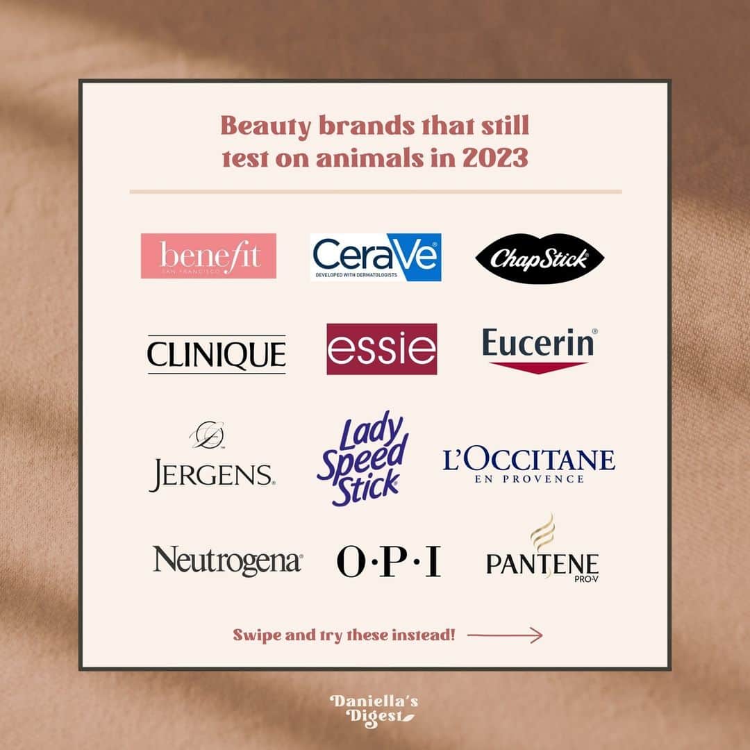 ダニエラ・モネさんのインスタグラム写真 - (ダニエラ・モネInstagram)「Any of these look familiar? 👀⁠ ⁠ So surprising that many popular companies STILL haven't gotten the memo. Like, it's 2023. Come on already.⁠ ⁠ Hope that one day, we won't need graphics like this because ALL beauty brands will have hopped aboard the cruelty-free train 🚂⁠ ⁠ Some good news, though. I know a few solids brands that not only have cruelty-free products, but also vegan ones, too! 🫶🏼⁠ Swipe left for the deets, and LMK below if any of these beauties are staples in your skincare + makeup routines! xx, D. 💄」4月18日 3時30分 - daniellasdigest