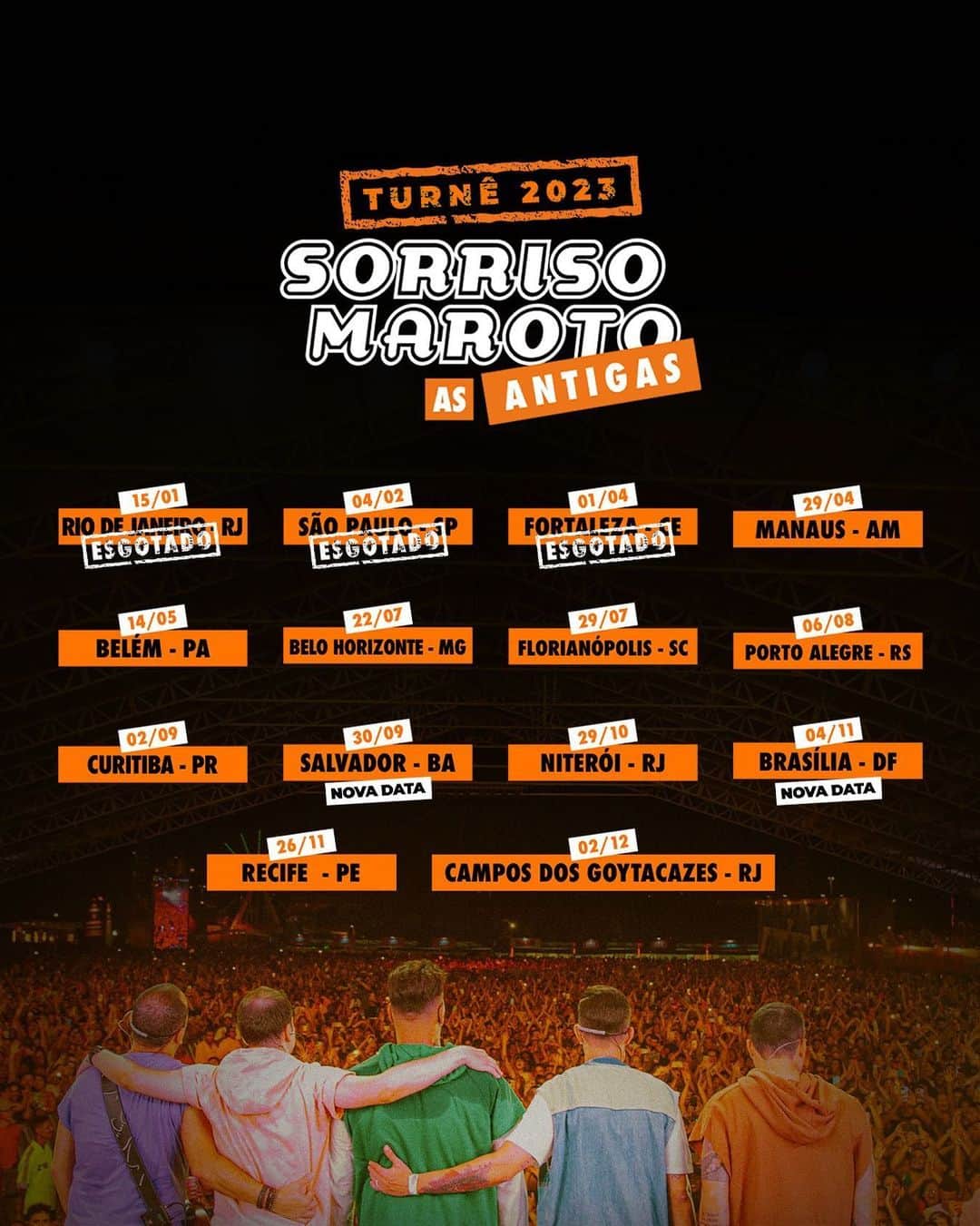Sorriso Marotoのインスタグラム：「Novas datas para a Turnê #SorrisoAsAntigas, no ar! 🤩   Alô turma de Salvador, adiamos nosso encontro para fazer nossa festa em um lugar maior e galera de Brasília, ganhamos uma data pra cantar as antigas com vocês. 🧡  Fiquem ligados, mais informações em breve. Vambora! 🔥」