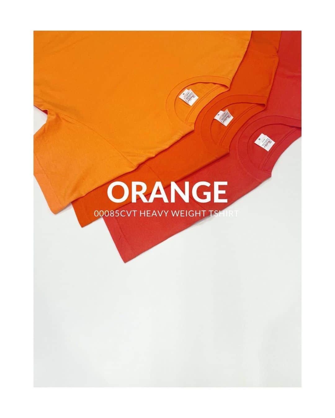 Printstarのインスタグラム：「ORANGE✴︎ Printstar 00085-CVT 5.6オンス ヘビーウェイトTシャツ  170 コーラルオレンジ 015 オレンジ 038 サンセットオレンジ  累計売上枚数1.7億枚。程よい生地の厚みと、型崩れしにくい安心の品質で、20年以上にわたり愛され続ける不動の人気Tシャツです。  50色以上の多彩なカラーバリエーションで展開し、世代、ジェンダー、地域を問わず、さまざまなシチュエーションで皆さまにご愛用いただいています。  #printstar #プリントスター #プリンタブルウェア」