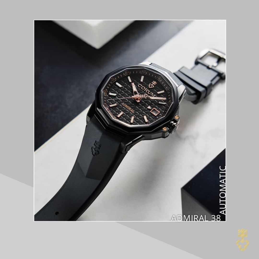 コルムのインスタグラム：「When elegance meets refinement #Admiral 38 Automatic full black highlighted with a touch of gold color - Ref. A082/04368 - 082.202.95/F371 AN25 - Discover online: shorturl.at/gsQW1 - #CorumWatches #RiskIsTheReward #unisexwatch」