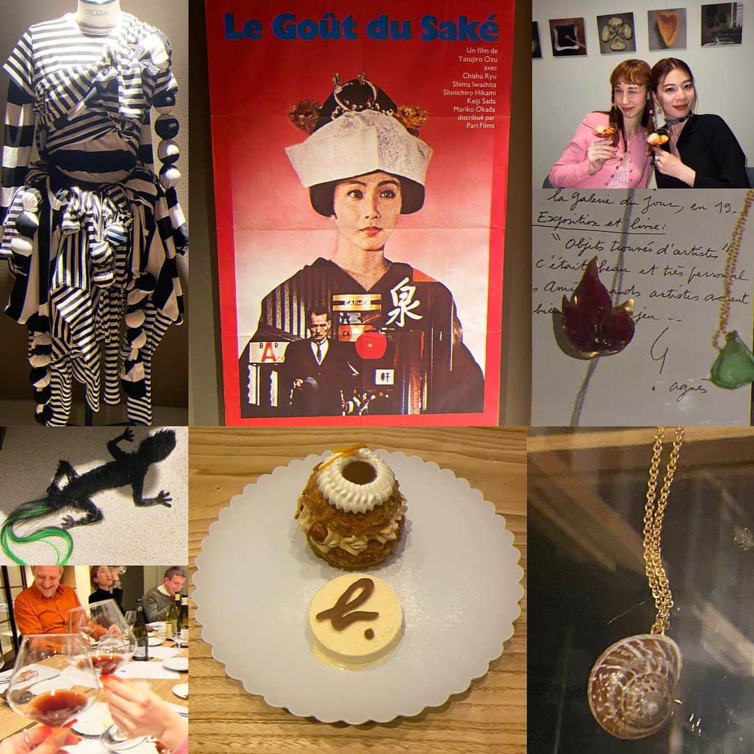 水原佑果のインスタグラム：「Happy Dinner time  @agnesb_cafe 🦎🌀🤍 アニエスの転写プリントシリーズのコレクション、レアなヴィンテージTやアニエスベーデザイナーがフランスの海で拾ってきた貝殻でできたネックレス🐚✳︎ 他にもクラシックなものまで 素敵なものが沢山溢れてた❣️ 京都の空気を吸いながら最高でした🐦🍷  #agnesbgion  #アニエスベー祇園」