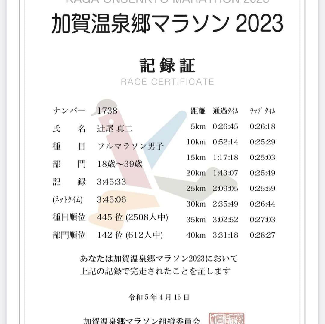 辻尾真二さんのインスタグラム写真 - (辻尾真二Instagram)「人生2回目のフルマラソンに挑戦。  自己ベストを更新出来たことはもちろん嬉しいけど、沿道の方々の応援やボランティアスタッフの皆様の丁寧でポジティブな対応にエネルギーを貰う事が出来ました！  己と向き合う42km。 以前は走るだけの何が楽しいねんと思ってたし、レース終盤は本当にキツいけど今ではマラソンにハマる人の気持ちが良く分かる。  次はサブ3.5目指して頑張ります！  ネットタイム 3:45:06  #加賀温泉郷マラソン  #月星製作所 #フルマラソン #サブ4 #ペガサス39 #NIKE」4月18日 12時39分 - shinji_tsujio