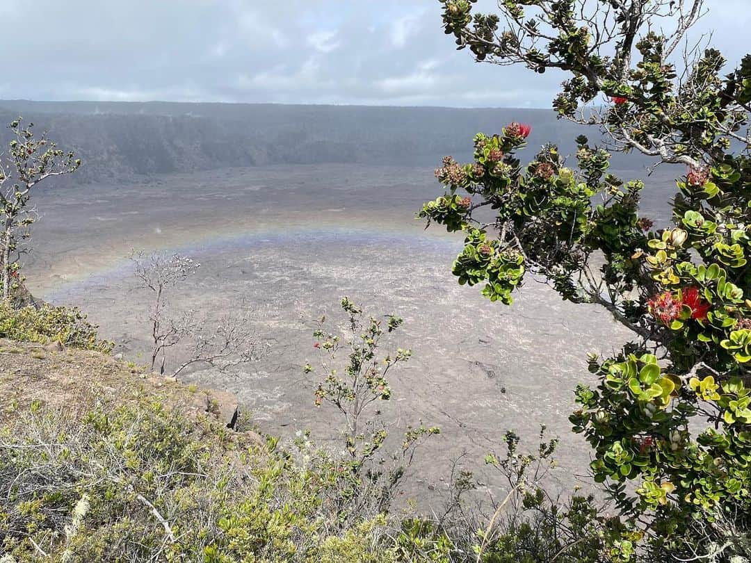 青山有紀さんのインスタグラム写真 - (青山有紀Instagram)「世界遺産キラウエア火山は地球上で最も活動的な火山だそう🌋 車で向かう時は雨が降っていて外は寒かったけど行ってみたら晴れて虹がみれました🌈✨ 地球の中心から湧き上がるようなエネルギーと強い風、たくましく咲き誇る花に意識を向けていると、自分の内側でとても大切なメッセージを受け取れました❤️🔥 思い切って旅に出てよかった🌈🔥✨」4月18日 12時50分 - yukiaoya