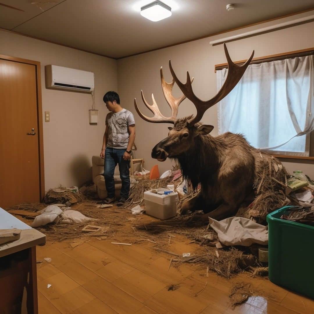 のインスタグラム：「ヘラジカは世界最大のシカ科動物。 体長3m 体重は800kgに達するものもいる。  その巨大なツノは衣服をかけたりするのに便利だが、室内で飼育することは向いておらず、ツノが壁などにひっかかり傷つけてしまうことがあるため敷金の返済は諦めたほうがよい。   #室内で飼ってはいけない動物シリーズ」