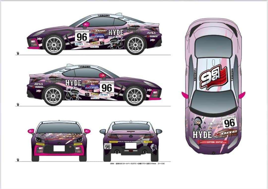のインスタグラム：「お知らせ！！ 今シーズンのGR86/BRZワンメイクレース　クラブマンシリーズに、HYDEさんの応援を受けて、参加します！！😭😭😭 『乾いた風を絡ませて走ってください』と、HONEYからの引用でエールをもらいました。 黒岩の参加は、 5月13.14日SUGO(宮城) 8月19.20日十勝(北海道) 9月9.10日岡山国際(岡山) 10月28.29日鈴鹿(三重) 11月25.26日富士(静岡) あと、6月11日オートポリス(大分)は、調整中です。 実際に見て見たい方は、サーキットに来て、写真等撮りに来てください。 もちろん、黒岩もサービスします！！笑 また、この車はナンバー付きなので、一般道を走行できます。見かけたら声かけてください。 皆さんに見てもらえるよう展示する事も考えています。決まりましたら、報告しますね。  #hyde  #toyotagazooracing  #gr86  #黒岩唯一」