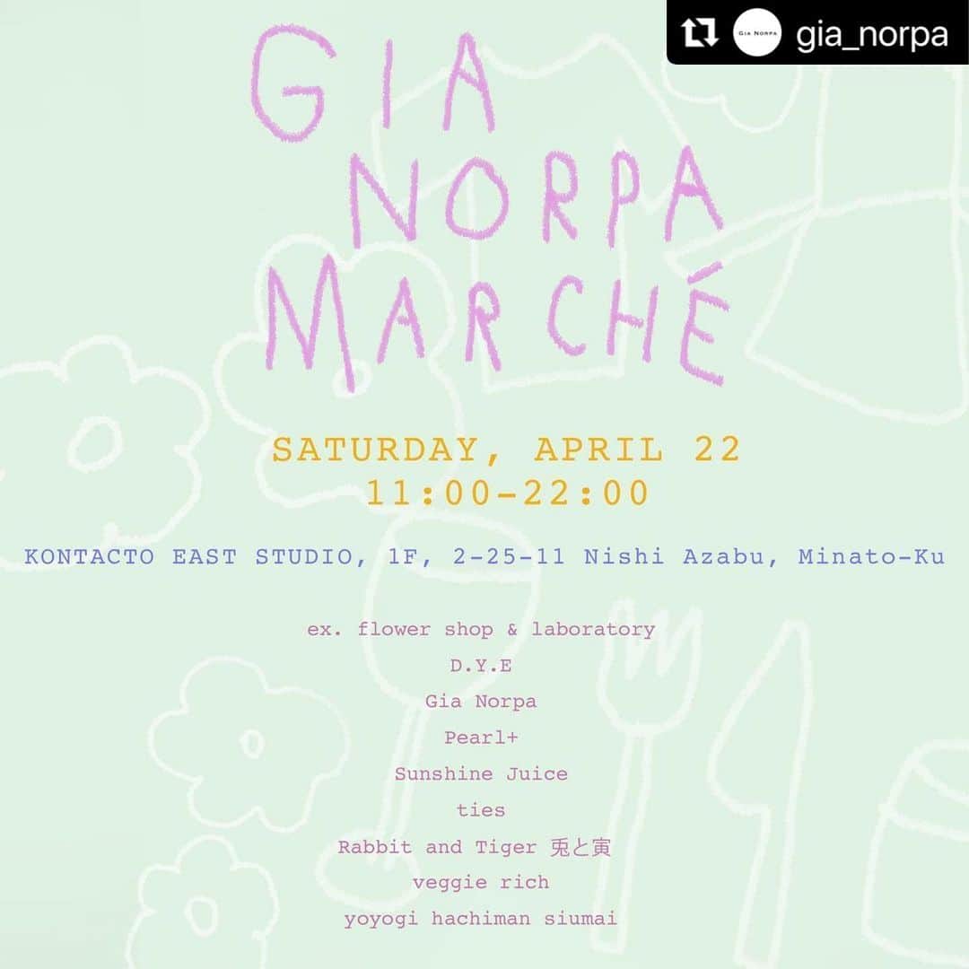 Sunshine Juiceのインスタグラム：「4/22に開催されるマルシェに参加します。素敵なベンダーの方々が集まりますので、ぜひお立ち寄りください🌞  pop up this saturday with other great vendors ! come by for juice 💚  #stayjuicy   #Repost @gia_norpa with @use.repost ・・・ 約一年振りにマルシェを開催します！ぜひお越しください✨  4/22に、Gia Norpa Marcheの第二弾を、西麻布のコンタクトイースト@kontactoeast にて開催いたします！  今回のマルシェでは、個性的なブランドやショップが集まっています。普段はあまり同じイベントに出ないようなブランドたち が集まることで、新しいアイデアがたくさん生まれそうです。物販は、Gia Norpaのエプロンや、Ace Hotelのアメニティソープを提供していることでも知られているPearl+のソープやお香、祐天寺の人気フロリストex.flower shop & laboratoryや、カラフルなタイダイアイテムのD.Y.E、寅がセレクトした美味しい焼酎やワインたちに、Veggie Richの新鮮なお野菜。フードとドリンクの参加者は、コールドプレスジュースのSunshine Juiceや、兎と寅からは、グラスワインやドリンクも用意します。代々木八幡シウマイの美味しいオリジナル焼売や、Tiesによる、夜のおつまみもお楽しみに！  11:00-22:00、フードやドリンクもたくさんご用意しておりますので、お誘い合わせの上、是非お越しください！  参加者 ex. flower shop & laboratory @exflowershop @lifftflower D.Y.E @yukidye Gia Norpa @gia_norpa Pearl+ @pearlpluspdx Sunshine Juice @sunshinejuicetokyo ties @ties.chie Rabbit and Tiger 兎と寅  @usatora_rabbit_tiger veggie rich @veggie__rich yoyogi hachiman siumai @yoyogi_hachiman_siuma」