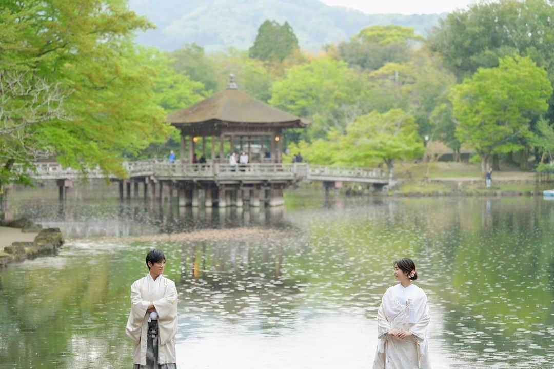 studioTVB NARAのインスタグラム：「奈良公園、浮見堂ロケーション🌳🦌 ・ これから新緑シーズンで過ごしやすい季節になりますね🌿✨ ・ 奈良の若草山は緑が綺麗で山頂から見渡す 街並みの景色がとても綺麗なスポットです🌳🫧 ・ 奈良の撮影ご予約も是非 お待ちしております🦌🤍    ┈┈┈┈┈┈┈┈┈┈┈┈┈┈┈┈┈┈  撮影のご予約やお問い合わせはHPの お問い合わせフォーム・DM・ お電話より受け付けております🌸  💌 namba@st-tvb.jp 📞06-6616-9890  営業時間 月〜金 11:00-20:00 土日祝 10:00-19:00  前撮り / ウエディングフォト @studiotvb_namba @decollte_weddingphoto @decollte_wedding  ┈┈┈┈┈┈┈┈┈┈┈┈┈┈┈┈┈┈┈┈  #撮る結婚式 #スタジオTVBなんばパークス店 #スタジオTVB  ┄┄┄┄┄┄┄┄┄┄ #新緑 #フォトウェディング #大阪前撮り #関西前撮り #結婚式準備 #結婚式レポ #プレ花嫁 #卒花嫁 #関西花嫁 #大阪花嫁 #日本中のプレ花嫁さんと繋がりたい #結婚式前撮り #前撮り #後撮り #結婚前撮り #結婚写真 #ウェディングフォト #ロケーションフォト  #ロケーション前撮り  #花嫁ヘア #カラードレス  #洋装ヘアアレンジ  #洋装前撮り  #ドレス試着  #ブライダルアクセサリー  #ウエディング撮影  #若草山」