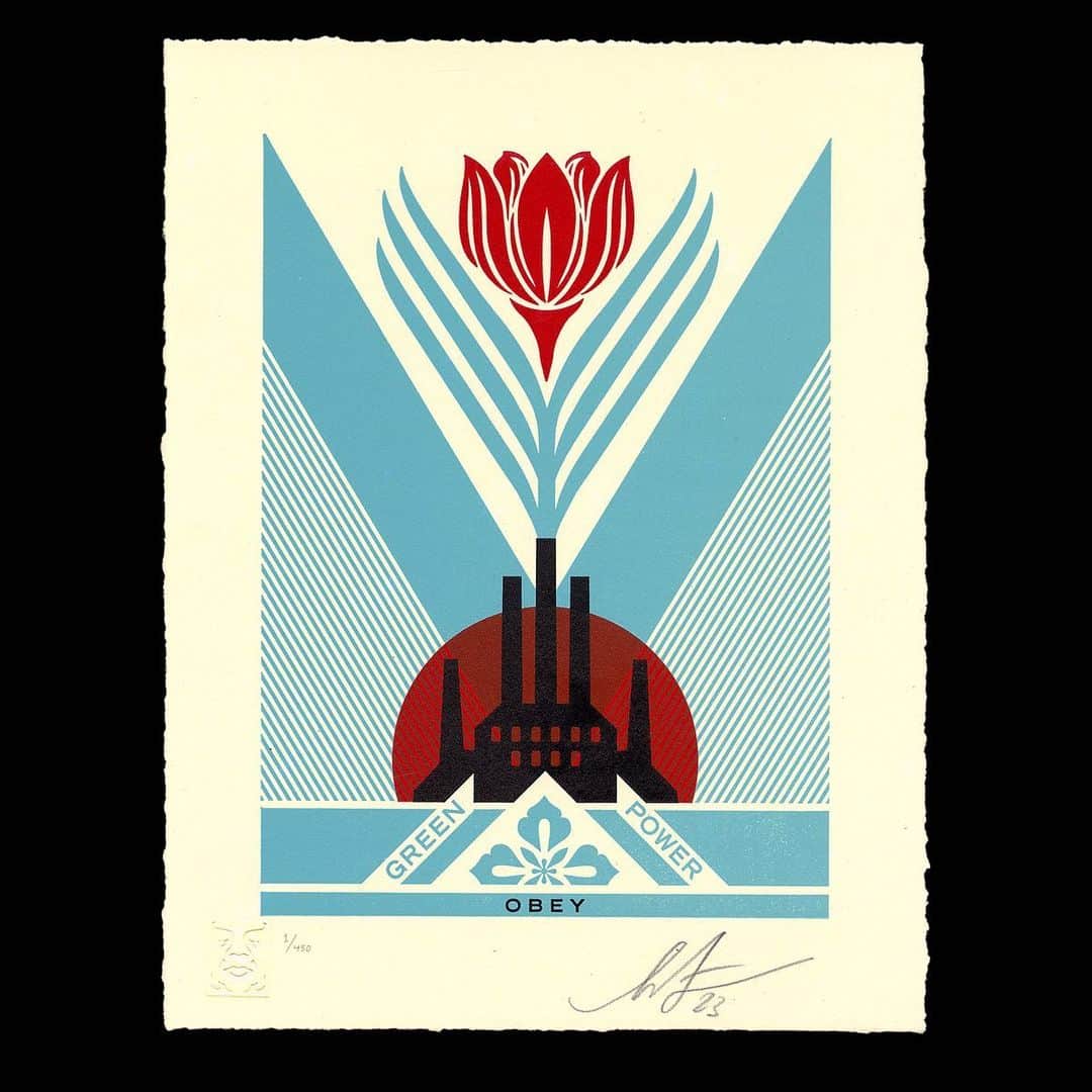 Shepard Faireyのインスタグラム：「I’m releasing this Green Power Factory Letterpress to coincide with Earth Day. It is priced at about 30% less than normal because I’m a perfectionist and I think the red printed a little bit dark over the blue. I hope my pickiness finds symbiosis with your desire for the art and a good deal! Green Power is a concept I’ve promoted in several pieces of my art. We need to transition to renewable sources of energy for the health of the planet. The fossil fuel industries have tremendous power economically, but we now know that not only are fossil fuel sources finite but that using them is terrible for climate change and, therefore, the ecosystems that sustain life on our planet. Unfortunately, due to the political power of these industries and public apathy about climate change, the government subsidizes the fossil fuel industries for billions even as they damage the environment. The government works for the citizens, so the choice is ours. Do we support endless power for wealthy fossil fuel corporations? Or policies that promote green power and put the earth first with the planet before profits? Please read Naomi Klein’s THIS CHANGES EVERYTHING to better understand the conflict between economic interests and climate change. A portion of the proceeds from the sale of this print will go to @greenpeaceusa to fight climate change. Thanks for caring. –Shepard  PRINT DETAILS: Green Power Factory Letterpress. 10 x 13 inches. Cream cotton paper with hand-deckled edges. Signed by Shepard Fairey. Numbered edition of 450. Comes with a Digital Certificate of Authenticity provided by Verisart. $40. Proceeds go to Greenpeace, USA. Obey publishing chop in lower left corner. Available on Thursday, April 20th @ 10 AM PDT at https://store.obeygiant.com. Max order: 1 per customer/household. International customers are responsible for import fees due upon delivery (Except UK orders under $160).⁣ ALL SALES FINAL.」