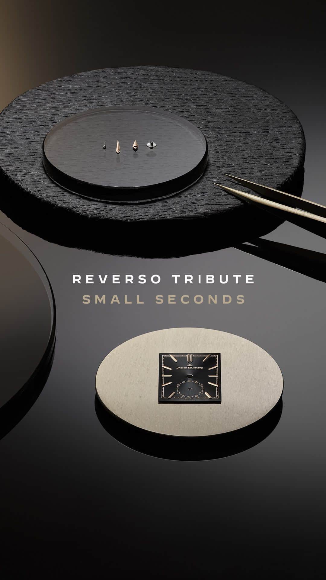 ジャガールクルトのインスタグラム：「Online premiere until 30 April.  #Reverso _ Reverso Tribute Small Seconds First 100 pieces now available online Designed, made and assembled in our Manufacture _ The new Reverso Tribute Small Seconds reconnects our icon to its roots, with a black sunray-dial hosted in an ultra thin and sophisticated pink gold case.  Order one of the first 100 pieces by clicking on our link-in-bio. _ #JaegerLeCoultre #TheGoldenRatio #Reverso」