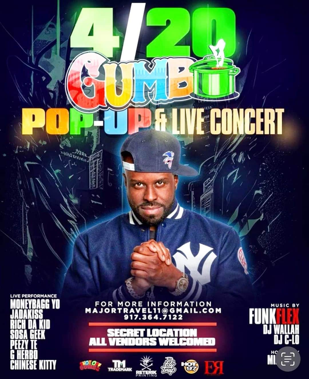 ファンクマスター・フレックスのインスタグラム：「WHY AM I A MET FAN WEARING YANKEE GEAR?🤷🏽‍♂️  DO YOU WANT TIX THE BIGGEST 4/20 EVENT EVER?  @funkflex  4/20 THIS IS WHAT NYC LOOKS LIKE GET YOUR TICKETS https://www.eventbrite.com/e/420-gumbo-pop-up-live-concert-by-moneybagg-yo-friends-tickets-571961671757」