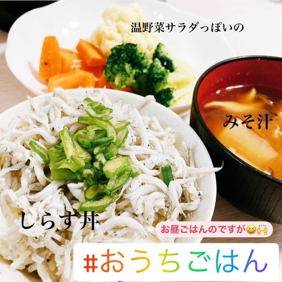 吉水翔子のインスタグラム：「🍚ごはんきろく🍚  今日のランチ ☑︎しらす丼 ☑︎温野菜サラダっぽいやつ＋マッシュポテト ⇨🥕にんじん🥦ブロッコリーを蒸したものよく作る❣️ 余ってた生クリーム消費したくてマッシュポテト🥔 ☑︎大根としめじの味噌汁 ⇨母の手作り味噌使った✌️」