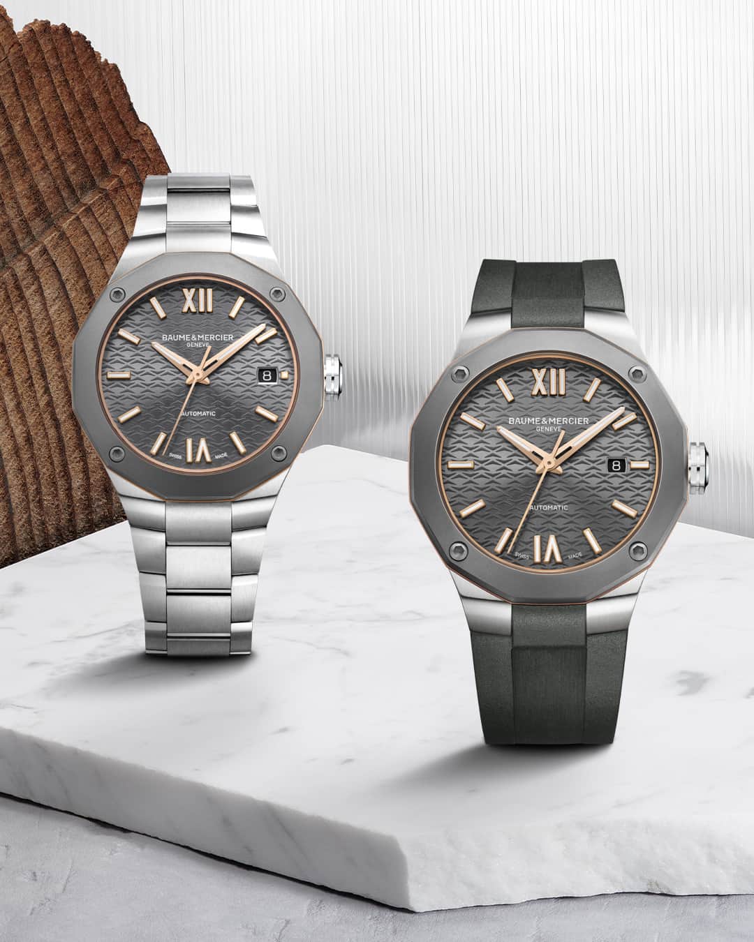 ボーンメルシーのインスタグラム：「Because two is always better than one, the Riviera 10660 and 10661 offer a contemporary style in 42 or 36mm.  Which size will you choose? -- Riviera 10660 - 10661 Automatic movement, Satin-finished stainless steel case, Slate-grey dial, Scratch-resistant sapphire crystal , Sandblasted titanium bezel, 38-hour power reserve, Fast strap technology - Interchangeable strap system. -- #BaumeetMercier #Riviera #Since73 #ShapingTime  #Watches #Watch #SwissMade #WatchOfTheDay #WatchesOfInstagram #WatchLover #WatchAddict #Horology #WatchCollector #DailyWatch #InstaWatch #Love #WatchMaking」