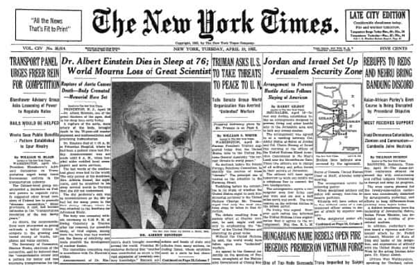 アルベルト・アインシュタインのインスタグラム：「Albert Einstein died on April 18, 1955, 68 years ago today. Here's how the @nytimes shared the news.」
