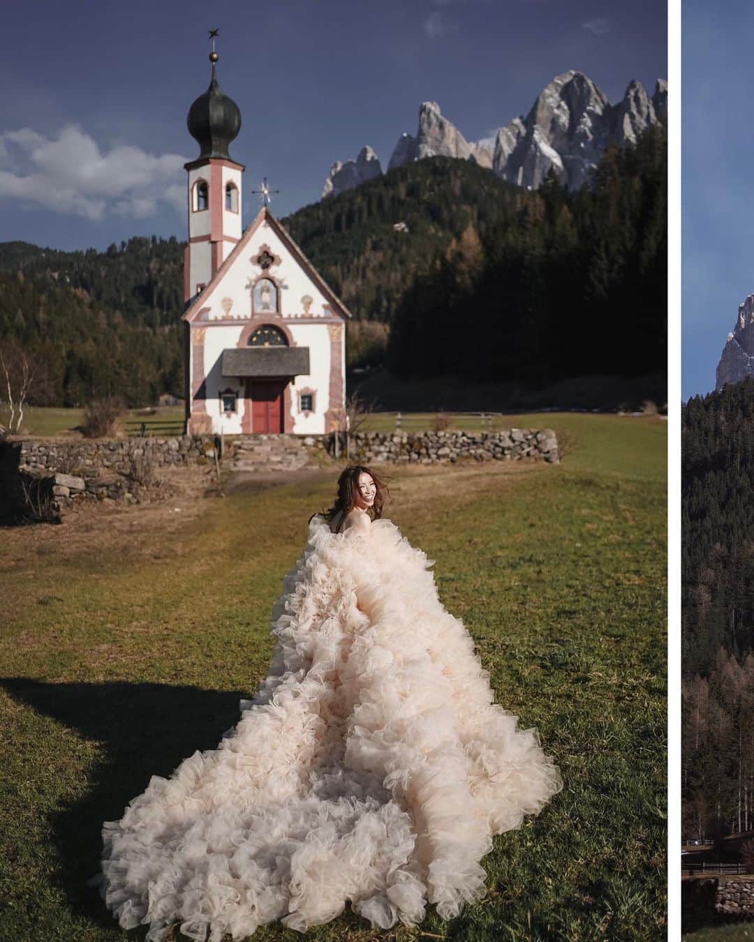 Giann Chanのインスタグラム：「Here begins the first chapter of our fairy tale.   Photographed @ssjesicajeanette  @summerstoryphotography Makeup and Hair @valeriyabeauty  Bridal @millia.london   #prewedding #Italy #Dolomiti」