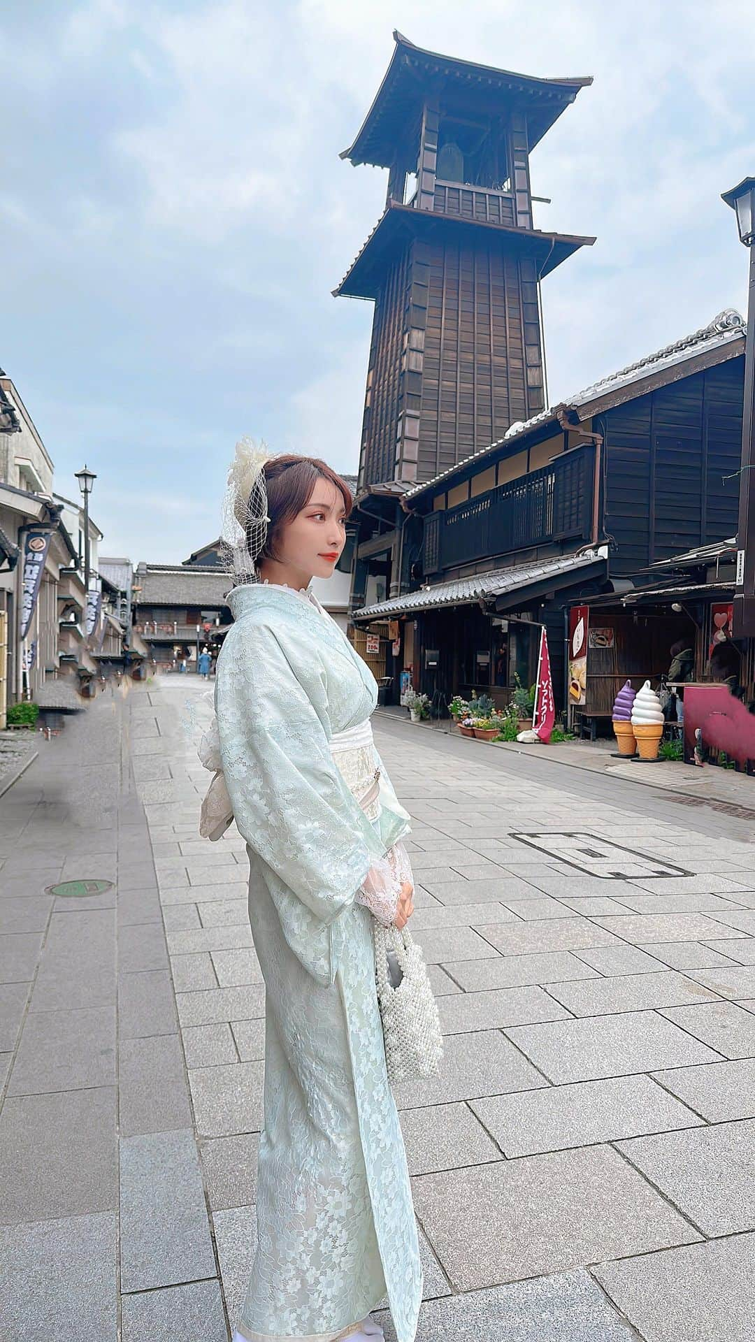 桐生美希のインスタグラム：「川越でお着物👘💗  #川越小江戸 #レース着物#japanesegirl #ショートヘア女子」