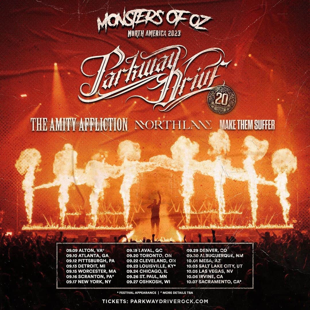 The Amity Afflictionのインスタグラム：「🔥 MONSTERS OF OZ North American Tour 🔥 With @parkwaydriveofficial, @northlane and @makethemsuffer this September.  We can't fucking wait!  🎫 On Sale: Friday April 21 @ 10 am local time theamityaffliction.net」
