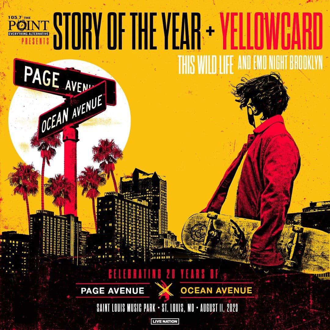 Yellowcardのインスタグラム：「**ST. LOUIS!** Get ready! We are incredibly excited to co-headline with Story of the Year in their hometown to celebrate the 20th anniversary of Ocean Avenue and Page Avenue on Friday, August 11 at Saint Louis Music Park. Tickets go on general sale Friday, April 21 @ 10am CT. Happy birthday, Ocean Avenue and Page Avenue! 🥳 . . . . . . #yellowcardband #yellowcard #storyoftheyear #oceanavenue #poppunk #emo #stlouismusic #thiswildlife  • @stlmusicpark @storyoftheyear @williamryankey @smackinyc @joshportman @ryanmichaelmendez @thiswildlife @emonight_bk」