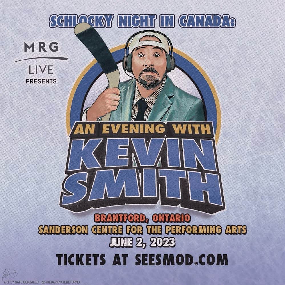 ケヴィン・スミスのインスタグラム：「OH CANADA!  I’m coming to BRANTFORD, ONTARIO on JUNE 2ND for a Q&A show I’m calling  Schlocky Night In Canada:  An Evening with Kevin Smith! (Presented by @mrgliveofficial!)  Come to the @sandersoncentrebrantford on the eve of the #waltergretzkytournament! Bring your Canadian Q’s! I’ll match them with American A’s!  This is my first Canadian show in a loooooooooooooong time,  and since it’s in Gretzky country, I’ll try to make it a Great One!  Presale is Thursday, 4/20 at 9AM EST!  Tickets on Sale Friday 4/21 at 9AM EST!  (Awesome Art by @thedarknatereturns!)  #KevinSmith #ontario #brantford #waltergretzkystreethockeytournament」