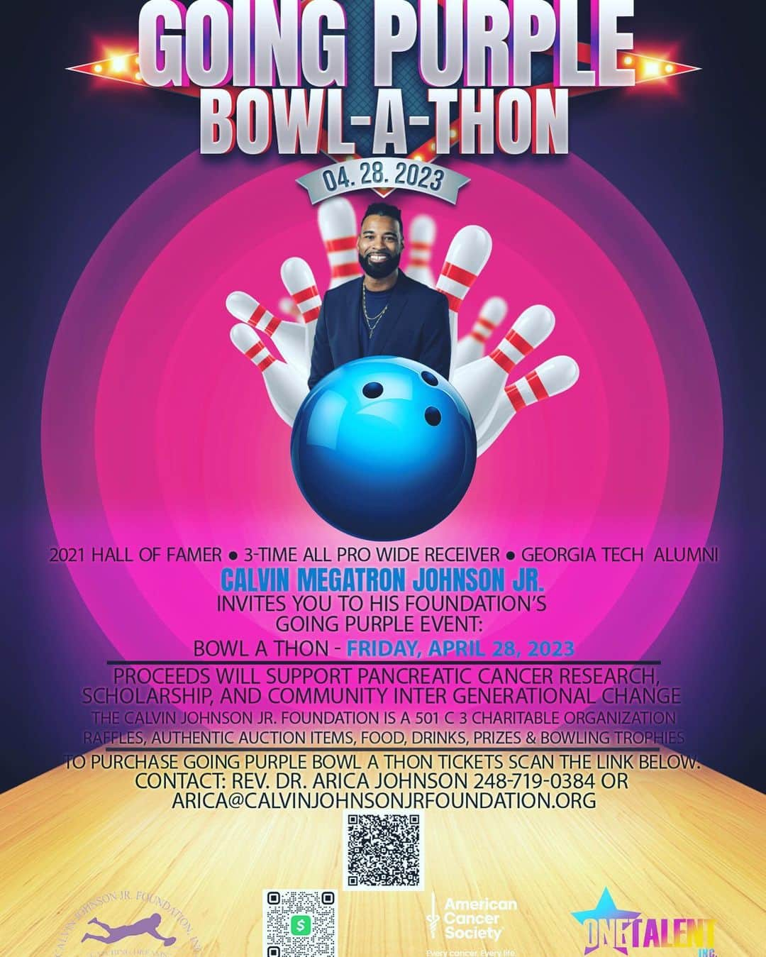 カルビン・ジョンソンのインスタグラム：「April 28th 2023 The Calvin Johnson Jr. Foundation Going Purple Bowl-A-Thon! Proceeds will support Pancreatic Cancer Research Scholarship and community inter-generational change. To purchase Going Purple Bowl-A-Thon tickets please scan the QR code attached. Hope to see everyone out for not only a good cause but a cause that is close to my heart.  . . . . #CalvinJohnsonJrFoundation #GoingPurpleBowlAThon #AmericanCancerSociety #OneTalentInc」