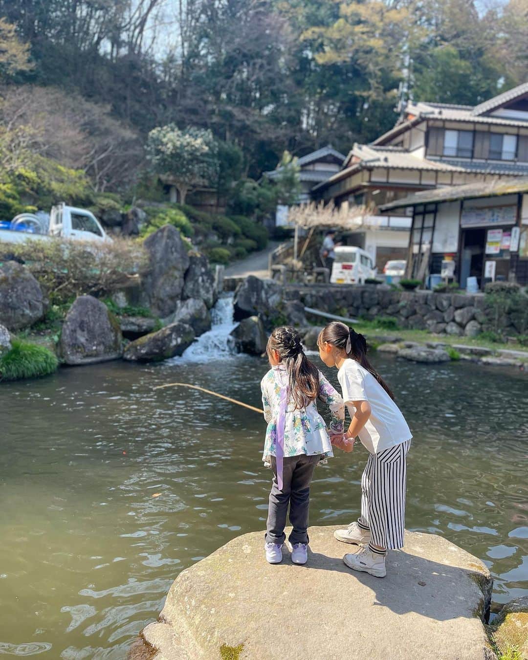 中村明花さんのインスタグラム写真 - (中村明花Instagram)「. 頻繁に通っている #あづま養魚場 🐟 （前にも投稿してるはず。） 日本名水百選に選ばれている箱島湧水で育てられた美味しいお魚を釣って食べられる場所です🎣 . イワナとヤマメは釣るのが難しいのですが（大人は楽しい）、ニジマスが面白いくらいすぐに釣れるので、子供も飽きずに楽しめるから子供たちと行く時はニジマスのみ釣って遊んでいます♪ . 釣った魚は横のお店ですぐに調理してもらって食べられるのも嬉しい♪ 新鮮で臭みもなく本当に美味しいの！！ 私はお刺身と唐揚げが好き♡ . . 叔母のおうちへ行く途中にあるので、楽しんだ後は叔母の家へ🌿 タラの芽がでていたので採らせてもらいました😋春だねぇ♪ . 夫の家族や親戚の皆さんは私の友達たちもいつも温かく迎えてくれるんです🥹 だからしょっちゅう遊びに行かせてもらってます🥹←遠慮知らずの嫁 . 相変わらず素敵なお庭で子供たちものびのびと楽しんでいました☺️ はぁ、群馬好きだ♡ . . #群馬生活 #群馬観光 #群馬遊び」4月19日 12時31分 - sayaka_nakamura3