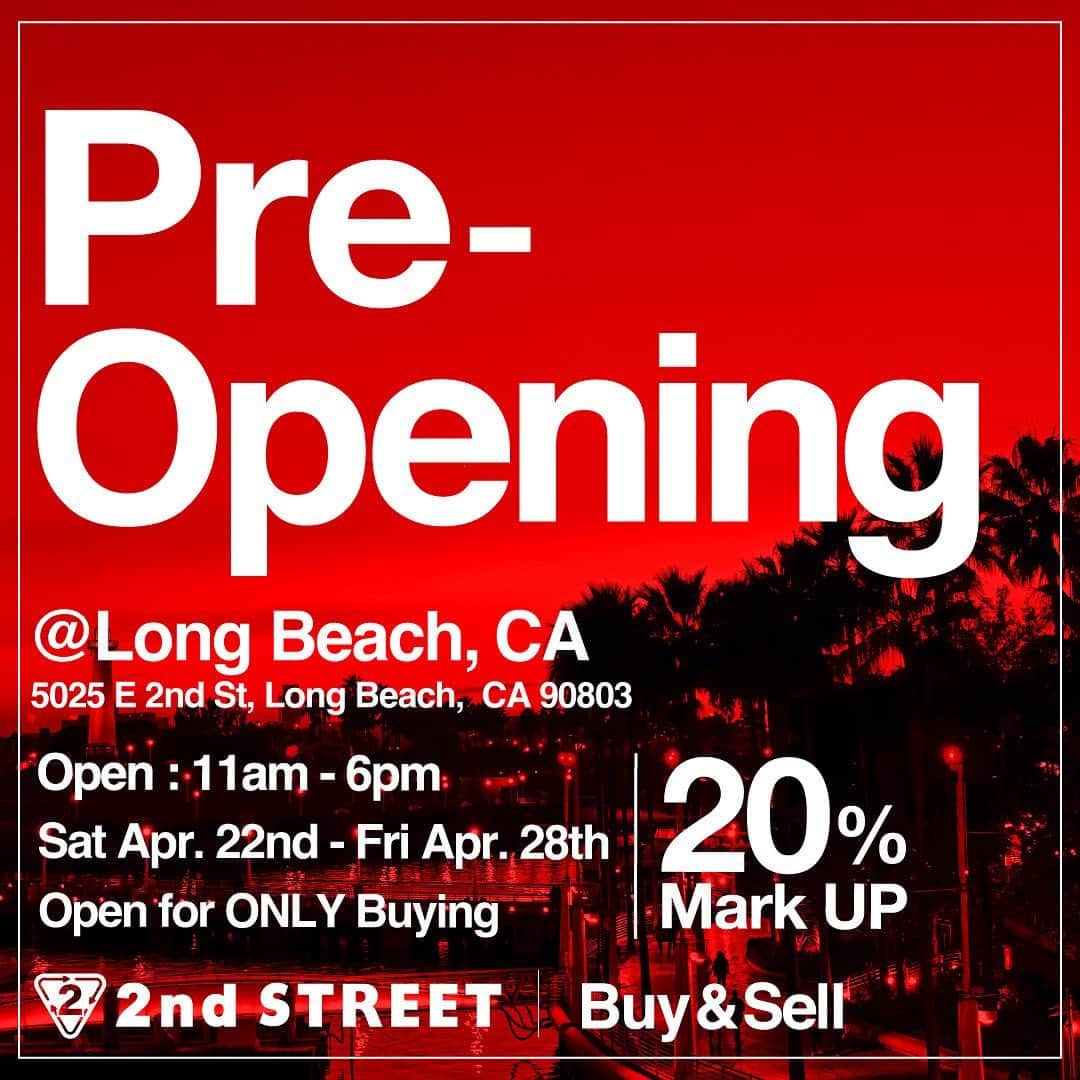 2nd STREET USAさんのインスタグラム写真 - (2nd STREET USAInstagram)「We are excited to announce, 2nd Street Long Beach!! ✨  Address 5025 E. 2nd St, Long Beach, CA 90803 GRAND OPENING DATE: April 29, 2023 Hours: 11am - 8pm  — PRE OPENING 04/22/23-04/28/23 —  🚨 Open to Buy Only🚨  Hours: 11am-6pm (04/22/23 - 04/27/23) Hours: 11am - 3pm (04/28/23)  Sell us your clothes and accessories and get a 20% mark up!!!  **VALID UNTIL FRIDAY APRIL 28th** #2ndstreetusa #longbeach #losangeles #secondhand #grandopening」4月19日 5時06分 - 2ndstreetusa