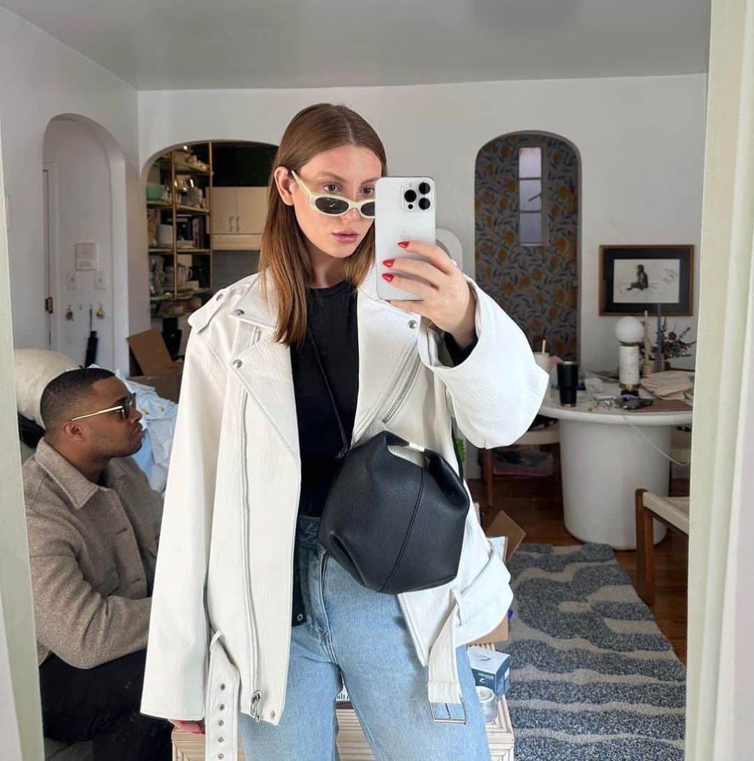 ブランクNYCのインスタグラム：「Fit check with @carolinecrawfordpatterson in our Early Riser vegan leather moto.」