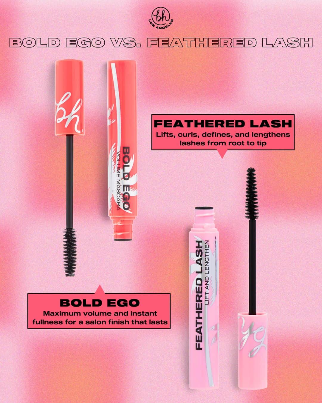 BH Cosmeticsのインスタグラム：「Whether you want to lift and lengthen ⏫ or get ultra-bold volume 💥, grab your go-to mascara for flake-free, thicker-looking lashes that stay in place and last all day 🪄⁣ ⁣ ⚡ Feather Lash: Lifts, curls, defines, and lengthens lashes from root to tip​⁣ ⚡ Bold Ego Mega Volume: Maximum volume and instant fullness for a salon finish that lasts​⁣ ⁣ #bhcosmetics」