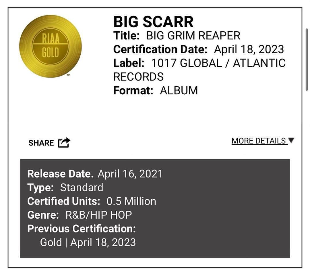 グッチ・メインのインスタグラム：「Long Live The Legend BigScarr wish you could be here to celebrate and see your first mixtape go Gold! It’s not many artist can say they did that out the gate! Always believed in you and will always miss you #TheSecretWeapon 🏆」