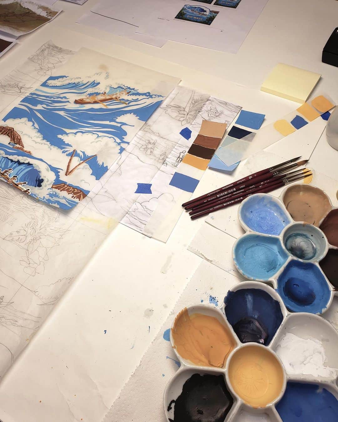 のインスタグラム：「A glimpse at the artistic process of creating the @konabigwave print. Inspired by the iconic branding and packaging, our artists begin with pencil sketch before water color painting the final design.」