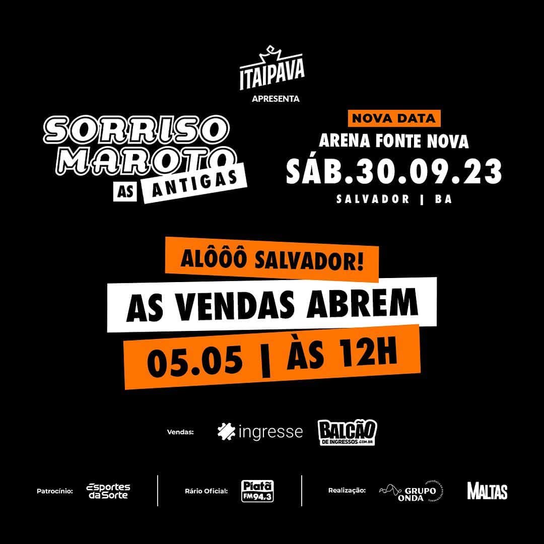 Sorriso Marotoのインスタグラム：「Alô turma de Salvador! 🧡  Anota aí na agenda, o início das vendas para o nosso encontro na Arena Fonte Nova vai ser dia 05 de Maio. 😁  Fiquem ligados pra garantir o ingresso e curtir as antigas com a gente, no dia 30 de Setembro. Bora!!!🔥」