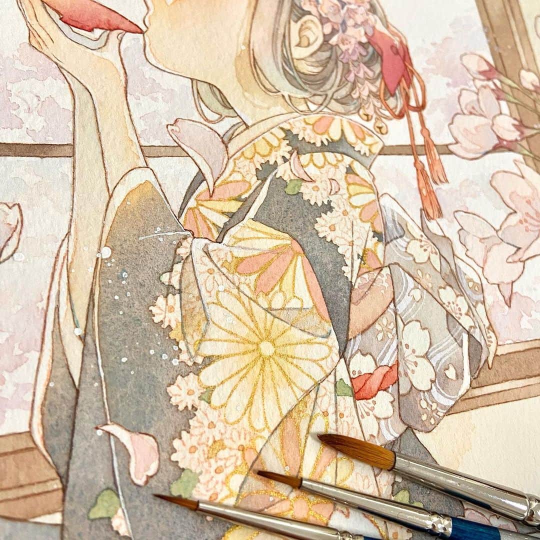 友風子/yufushiのインスタグラム：「桜は散ってしまったけど 今年も描けたので満足🌸  #illustration #illust #イラスト #watercolor #水彩 #透明水彩 #水彩絵の具 #アナログ #アナログイラスト」