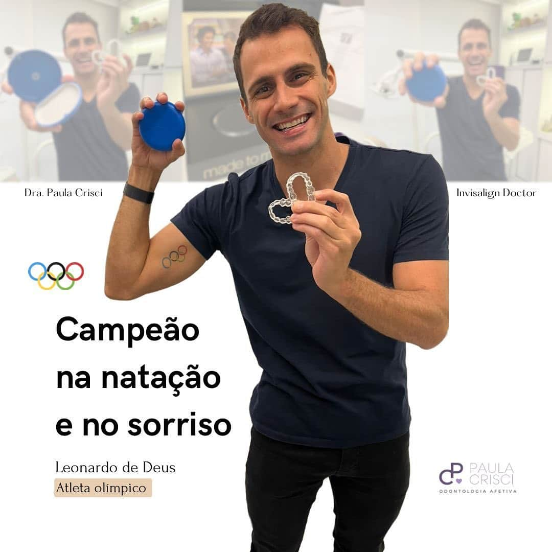 レオナルド・ジ・デウスのインスタグラム：「Finalista olímpico e tricampeão panamericano, o nadador @leogdeus está pronto para comemorar suas vitórias com seu novo sorriso  Invisalign. Obrigada pela confiança, querido! @clinicacrisci @invisalignbrasil @dra.biacalux_oficial」