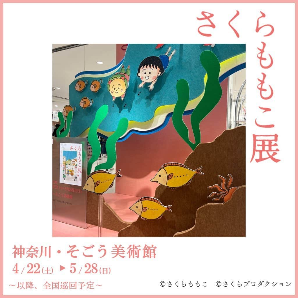 さくらももこスタッフのインスタグラム：「さくらももこ展_横浜 開幕に先立ち、そごう横浜店B2F入口にさくらももこ展の紹介コーナーができました✨ 撮影もOKなので、会場にお越しの際は是非あわせてご覧ください😊  横浜会場は4/22(土)より開幕です🌸  展覧会詳細はこちらから🦜 ⇒https://sakuramomoko-ten.com/  #さくらももこ #ちびまる子ちゃん #コジコジ #まるコジ #漫画 #アニメ #イラスト #エッセイ #さくらももこ展 #横浜 #そごう美術館」