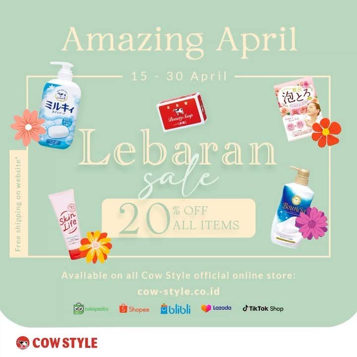 COWSTYLEIDのインスタグラム：「Lebaran is around the corner!  Sambut hari raya dengan kulit sehat & glowing, penasaran caranya?  Of course rahasianya pakai body soap & facial care dari Cow Style dong!  Dapatkan produk favorit kamu dengan potongan sebesar 20% ✨ While supplies last ya. Link in bio.  #cowstyleindonesia #cowstylebeauty #cumacowdihatiku #amazingapril #lebaransale #sabunpremium #japanesesoap #premiumsoap」