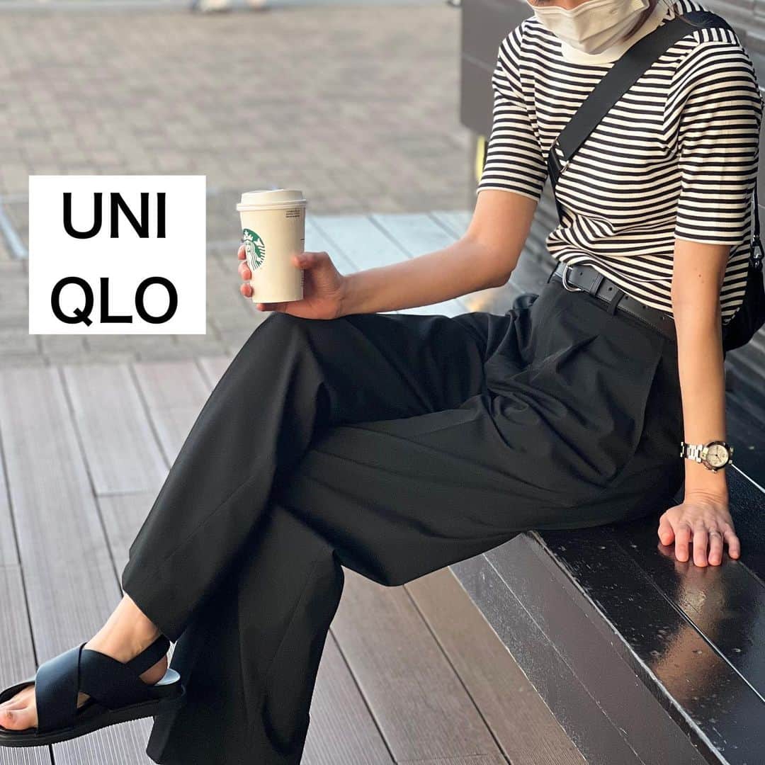 asuka0119のインスタグラム：「大好き #ユニクロ の #リブクルーネックt  3色目は #ボーダー  ワンタックのタックワイドパンツに合わせて綺麗めカジュアルに  Tshirt pants sandal  #uniqlo   #タックワイドパンツ  #バックストラップサンダル  bag  #gu  #ユニクロきれいめ部  #ユニジョ #アラフォー #アラフォーコーデ  #プチプラコーデ  #プチプラ高見えコーデ  #ユニクロコーデ #ユニクロ購入品  #高身長コーデ  #高身長女子  #高身長#locari #上下ユニクロ部  #着回しコーデ #uniqloginza2023ss #ユニクロ23春夏何買った  #春コーデ #推しユニクロ2023 #キャップコーデ #40代コーデ」