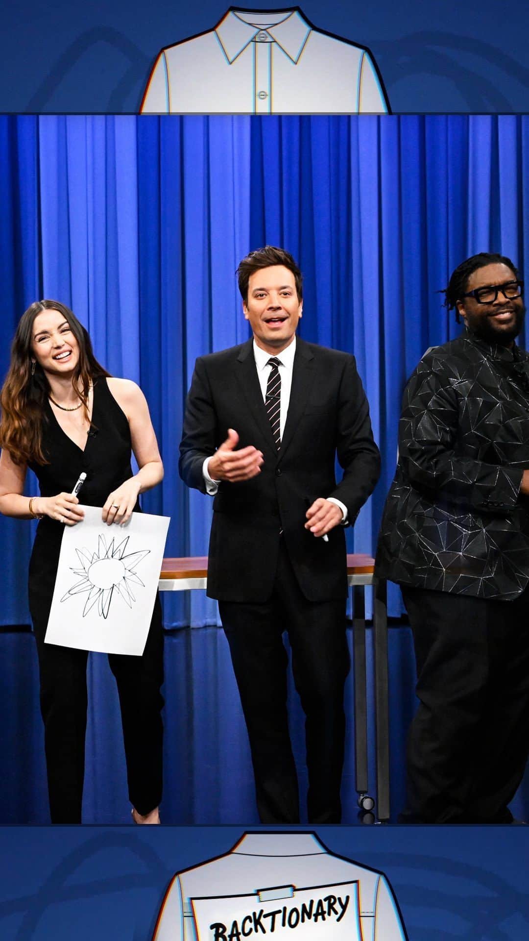 アナ・デ・アルマスのインスタグラム：「@ana_d_armas tries to get @questlove to guess “sun” after drawing it on Jimmy’s back in Backtionary! #FallonTonight」