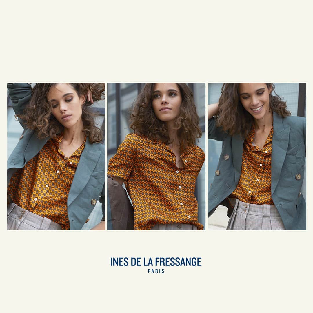 イネスドゥラフレサンジュのインスタグラム：「🍊 MAUREEN Notre incontournable chemise Maureen se décline cette saison en satin avec un motif aux inspirations rétro, tout en finesse et élégance. - 🍊 MAUREEN Our must-have shirt Maureen comes in satin this season with a retro-inspired pattern, all finesse and elegance.  #inesdelafressange #inesdelafressangeparis #girlsinines #paris #parisianchic #parisianstyle」