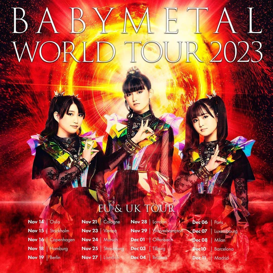 BABYMETALさんのインスタグラム写真 - (BABYMETALInstagram)「Europe, BABYMETAL will return for a European headline tour beginning 14th November. Pre-sale tickets and VIP begins tomorrow at 10:00am local time using code THEOTHERONE, with all tickets and VIP going on-sale to the general public Friday 21 April at 10:00am local time.    Get dates and information at BABYMETAL.com/tour-en」4月19日 18時03分 - babymetal_official