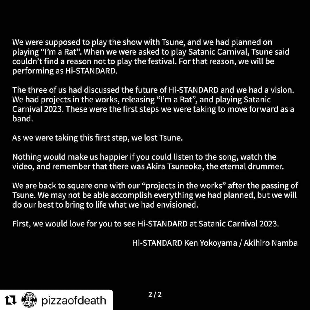 難波章浩さんのインスタグラム写真 - (難波章浩Instagram)「#Repost @pizzaofdeath with @use.repost ・・・ 1.Jpn→2.Jpn→3.Eng→4.Eng  【Breaking News】  ✔️Hi-STANDARD、I'M A RAT配信開始  ✔️Lyric Video公開  ✔️特設サイト＆MARCH STORE OPEN  ✔️SATANIC CARNIVAL'23出演決定  Lyric Video▶ youtu.be/KF-9CRsDCpo  配信▶ podr.lnk.to/ImARat  特設▶ pizzaofdeath.com/hsrat/  MARCH▶ hi-standard-store.jp  #ハイスタ #histandard」4月19日 19時21分 - akihironamba