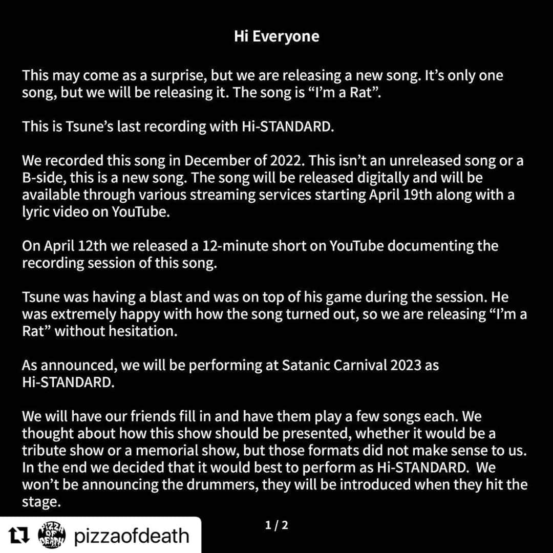 難波章浩さんのインスタグラム写真 - (難波章浩Instagram)「#Repost @pizzaofdeath with @use.repost ・・・ 1.Jpn→2.Jpn→3.Eng→4.Eng  【Breaking News】  ✔️Hi-STANDARD、I'M A RAT配信開始  ✔️Lyric Video公開  ✔️特設サイト＆MARCH STORE OPEN  ✔️SATANIC CARNIVAL'23出演決定  Lyric Video▶ youtu.be/KF-9CRsDCpo  配信▶ podr.lnk.to/ImARat  特設▶ pizzaofdeath.com/hsrat/  MARCH▶ hi-standard-store.jp  #ハイスタ #histandard」4月19日 19時21分 - akihironamba